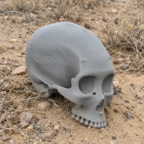 A detailed 3D-printed skull replica placed on sandy terrain with sparse vegetation.
