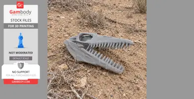 3D printed Heilongjiangosaurus skull model lies on sandy, rocky terrain.