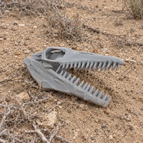 3D-printed Heilongjiangosaurus skull replica with sharp teeth, displayed on sandy terrain.