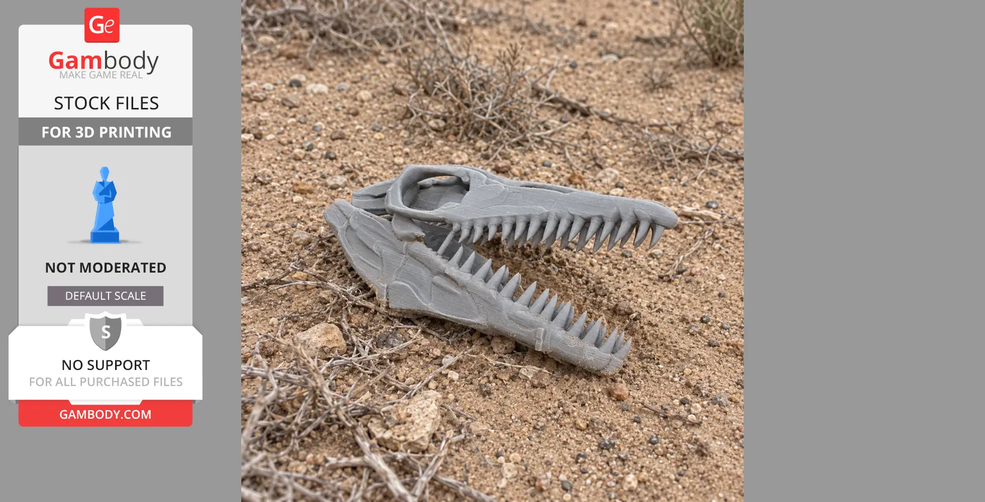 3D printed Heilongjiangosaurus skull model lies on sandy, rocky terrain.
