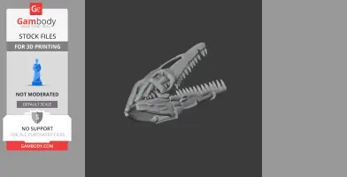 3D model of a dinosaur skull with open mouth, showing sharp teeth, designed for 3D printing.