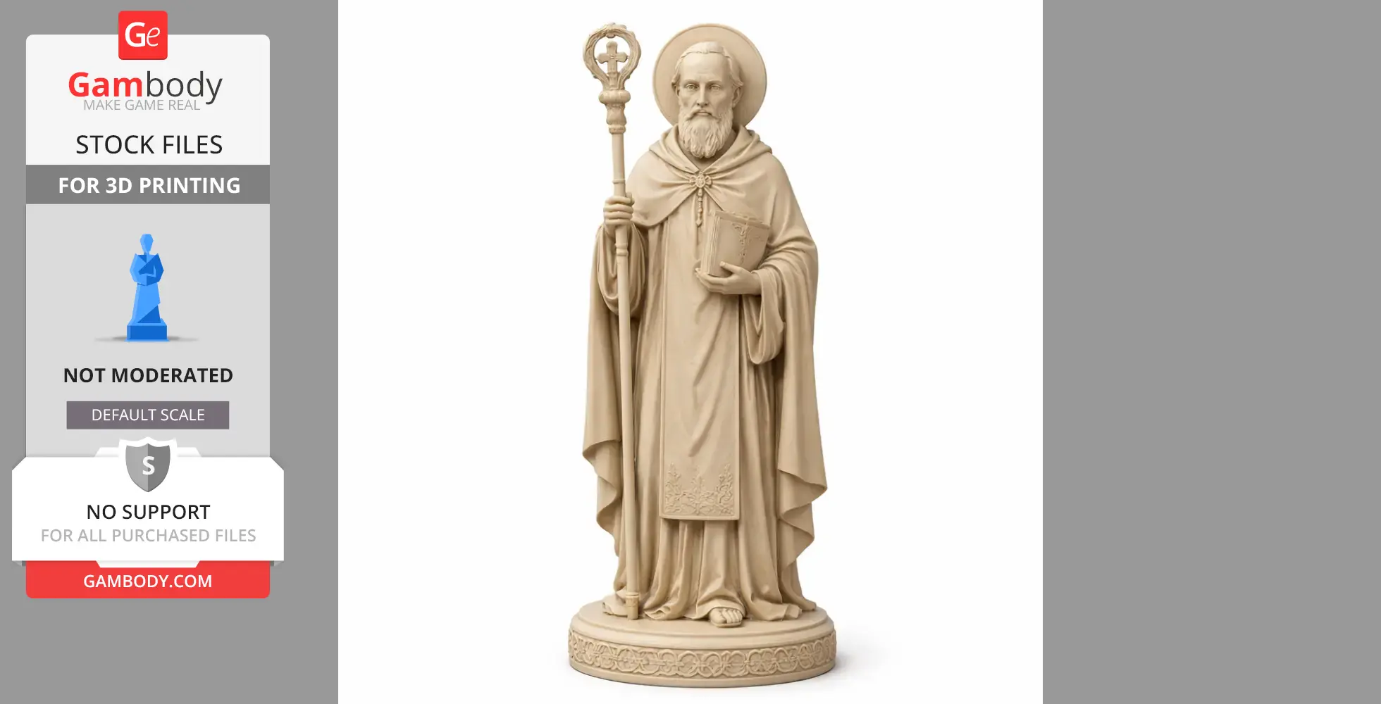 A detailed 3D print model of a bearded saint holding a staff and book, wearing a cloak with a halo.