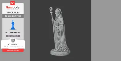 A detailed 3D statue of a robed figure with a staff and book, on a patterned base.