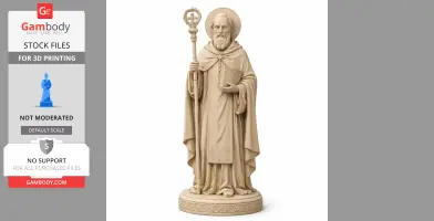 A detailed 3D print model of a bearded saint holding a staff and book, wearing a cloak with a halo.