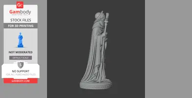 A detailed statue of a robed figure holding a staff, wearing a hat, on a decorative base.