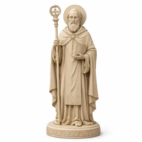 A saintly figure holding a staff and book, draped in robes, standing on an ornate circular base.