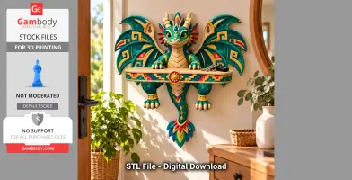 A colorful dragon-shaped wall shelf with intricate designs, holding keys, against a sunlit interior wall.