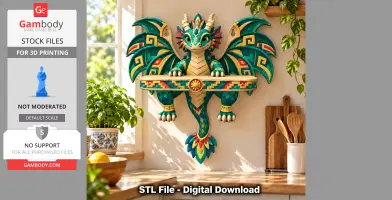 Whimsical, colorful dragon wall shelf with detailed wings and body, ideal for 3D printing.