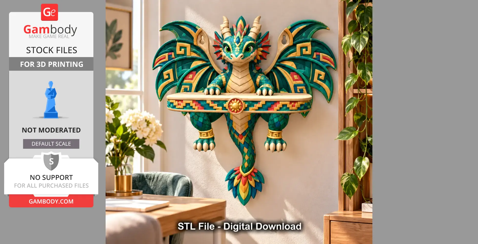 A colorful dragon with Aztec-style patterns forms a decorative wall shelf.