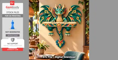 Colorful dragon-themed wall shelf with intricate patterns, designed for 3D printing.