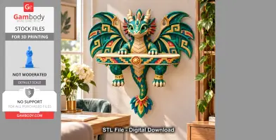 A colorful dragon with Aztec-style patterns forms a decorative wall shelf.