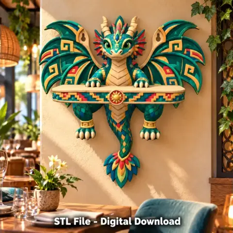 A colorful dragon-shaped wall shelf with intricate wings, holding a flat surface for storage or display.