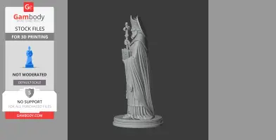 A 3D model of a robed figure holding a staff and book, standing on a round base, designed for 3D printing.