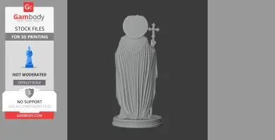 A 3D print model of a robed figure holding a cross, standing on a round base.