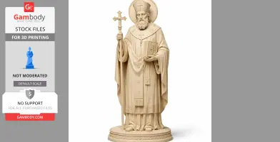 A detailed 3D printable statue of a bearded saint holding a cross and book, wearing a robe and bishop's mitre.