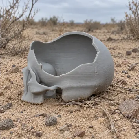 A 3D-printed gray skull replica lying on a sandy, shrub-dotted desert terrain.