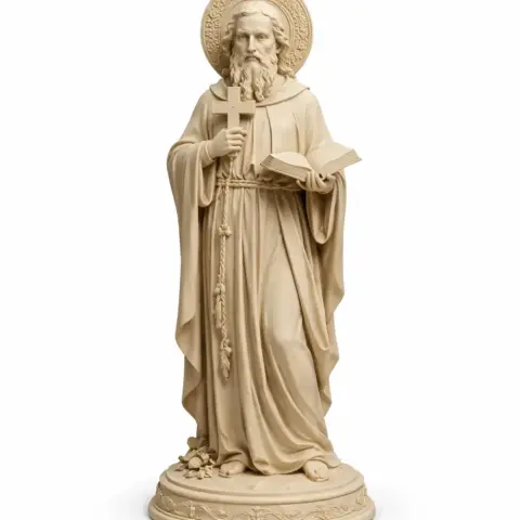 A religious statue of a bearded saint holding a cross and book, wearing robes, with a halo behind his head.