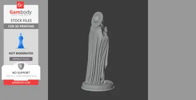 A 3D statue model of a robed figure with a halo and cross, standing on a detailed circular base.