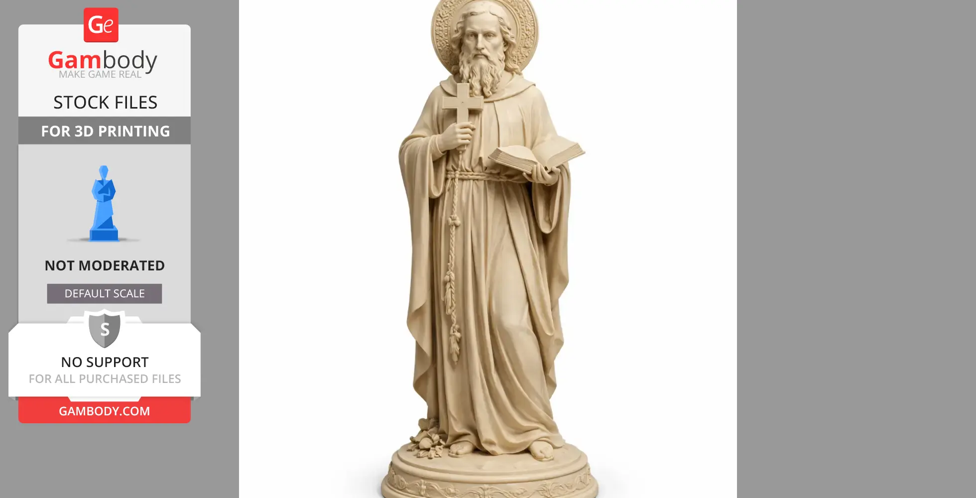 A detailed 3D statue of a bearded monk holding a cross and book, with a halo, on a decorated base.