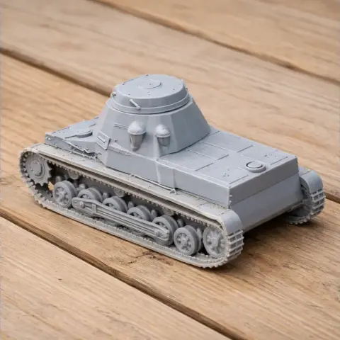 Gray 3D printed model of a Panzer I tank on a wooden surface.