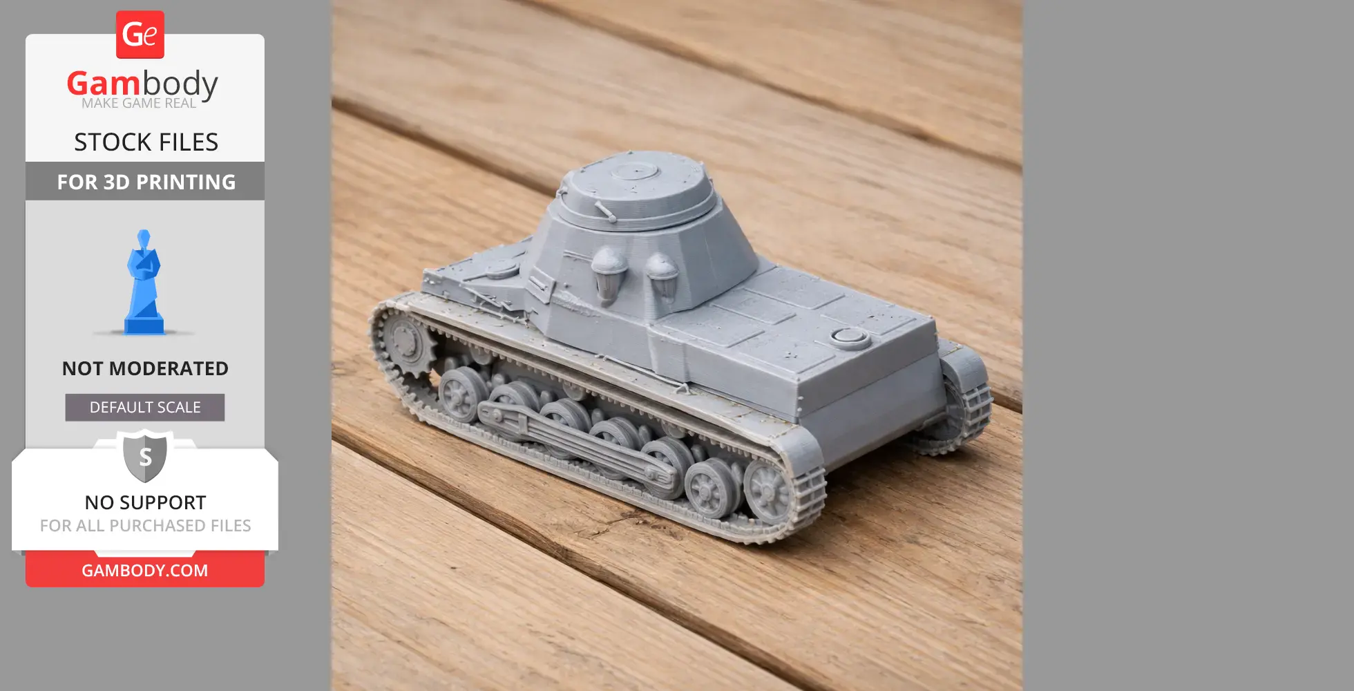 Gray 3D printed model of a Panzer I tank on a wooden surface.