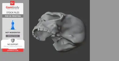 A 3D model of a detailed, fictional skull with prominent teeth and jaw, designed for 3D printing.