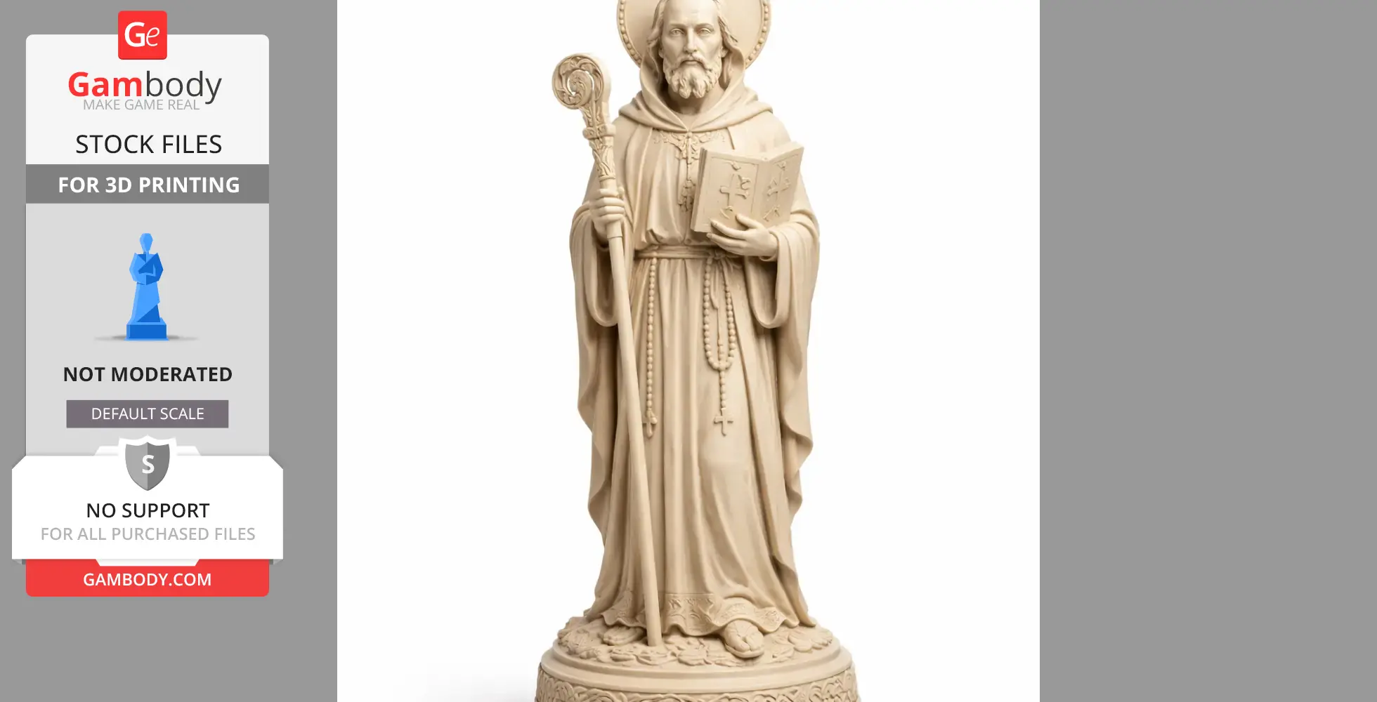 A 3D model of a religious figure in robes, holding a staff and book, adorned with a halo and rosary.