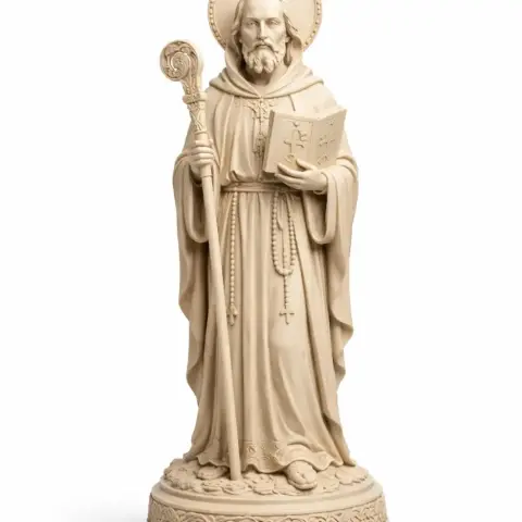 A detailed 3D statue of a robed saint holding a book and staff, on an ornate base.