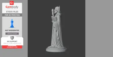 A 3D model of a cloaked figure holding a book and staff, standing on a decorative base.