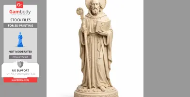 A 3D model of a religious figure in robes, holding a staff and book, adorned with a halo and rosary.