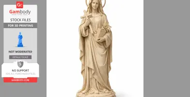 A religious statue of a woman in robes holding a cross, a book with flowers, and wearing a halo.