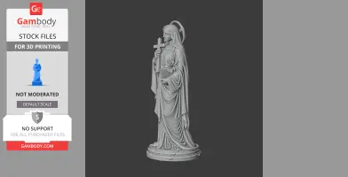A detailed 3D statue of a woman holding a cross and book, wearing a halo and draped robe.