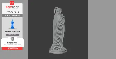 A 3D model of a devotional statue of a robed figure holding a cross, standing on a detailed base.
