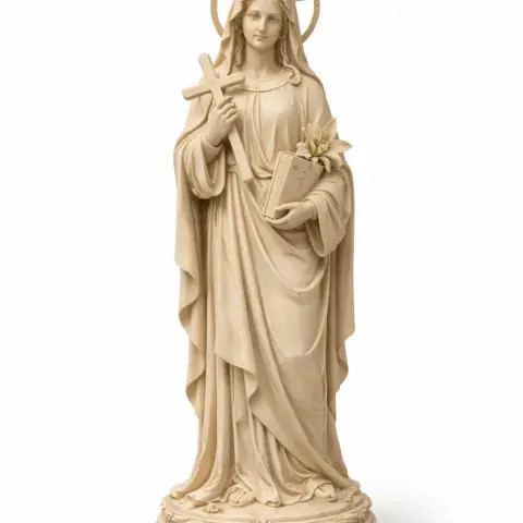 A statue of a standing woman in a robe, holding a cross and a book with flowers, haloed.