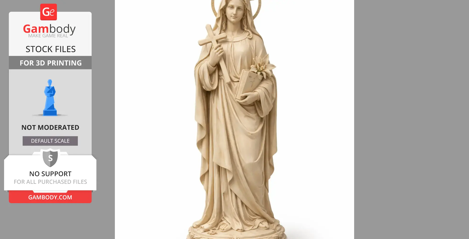 A religious statue of a woman in robes holding a cross, a book with flowers, and wearing a halo.