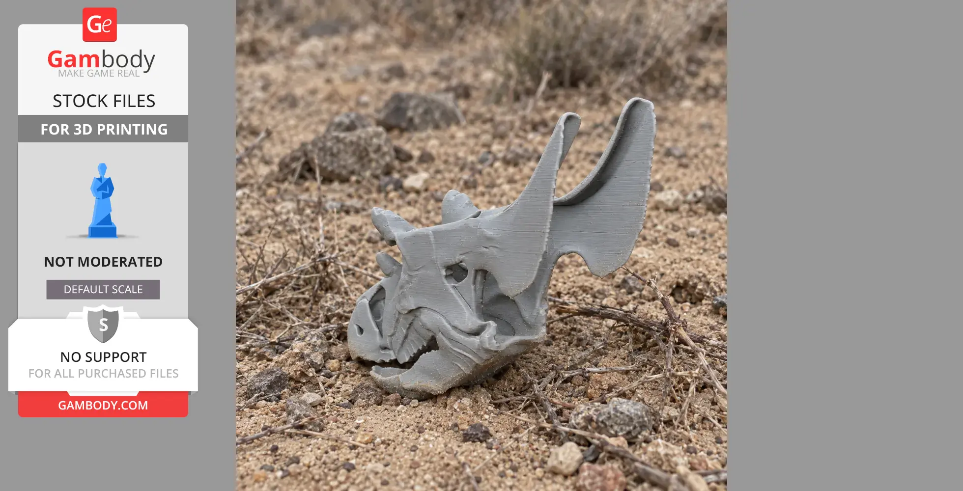 3D printed Judiceratops skull replica placed on rocky ground.