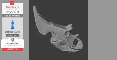 3D model of a Judiceratops skull, detailed with prominent horns and frill, for 3D printing.
