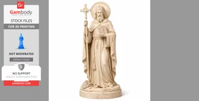 A 3D model of Saint Baldred, holding a cross and book, in flowing robes on a decorated base.
