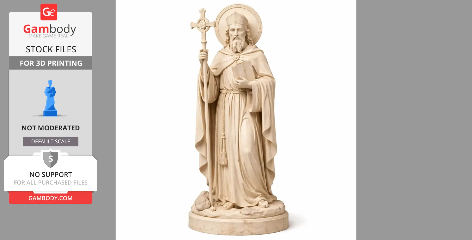 A 3D model of Saint Baldred, holding a cross and book, in flowing robes on a decorated base.