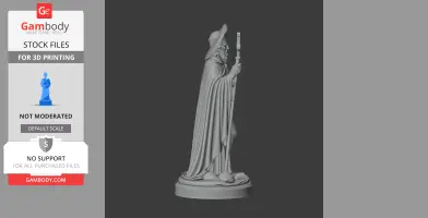 3D model of a robed figure holding a staff, wearing a wide-brimmed hat on a detailed base.