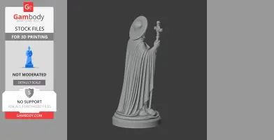 A 3D model of a robed figure holding a cross, wearing a hat, standing on a round base.