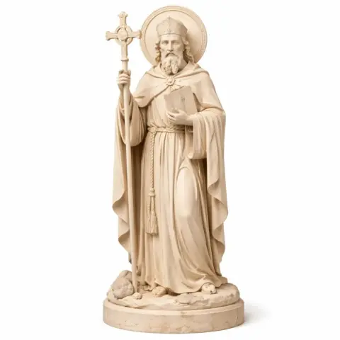 A detailed 3D print model of a bearded saint holding a cross and book, wearing robes and a halo.