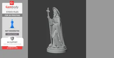 A saintly figure in robes holding a cross-topped staff, standing on a decorative base.