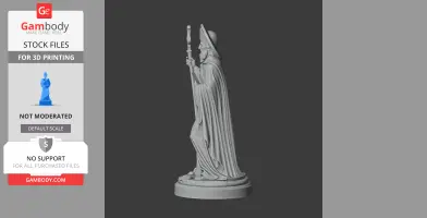 A 3D printed model depicts a robed figure with a staff, wearing a hat, standing on a round base.