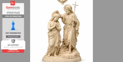 A 3D statue depicting a baptism scene with two figures and a descending dove above them.