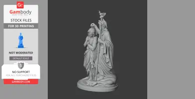 Devotional statue of a saintly baptism scene with two figures, one praying, the other holding a staff topped by a dove.