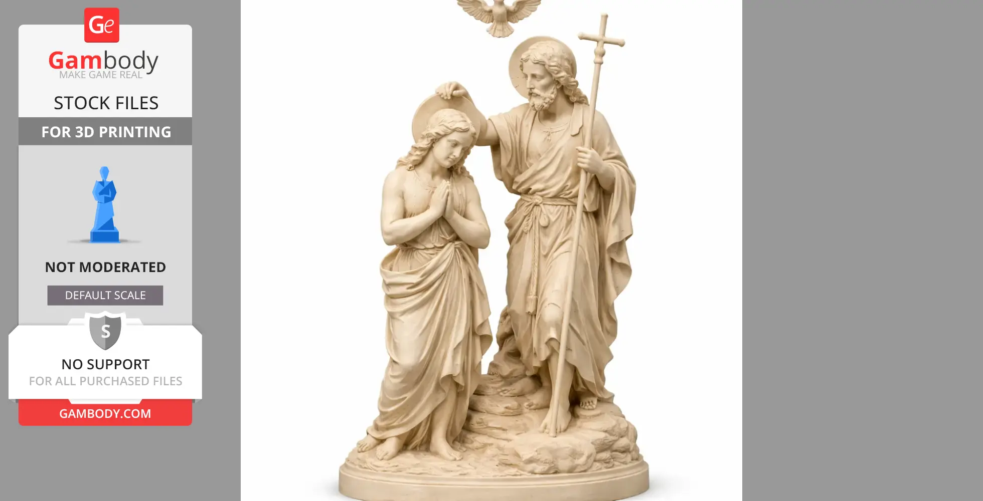 A 3D statue depicting a baptism scene with two figures and a descending dove above them.