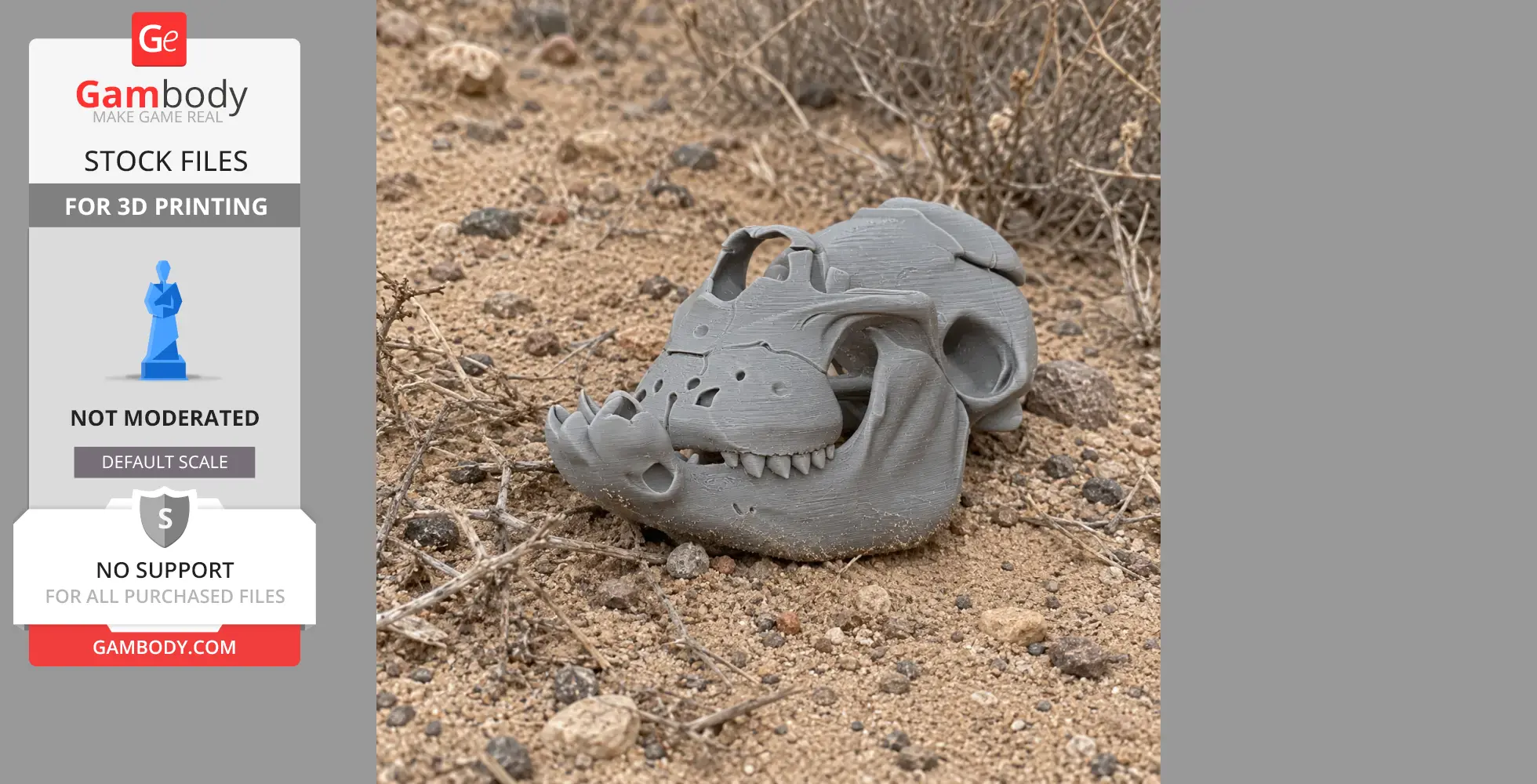 Gray 3D-printed Kryptops dinosaur skull replica, displayed on sandy ground with sparse vegetation.