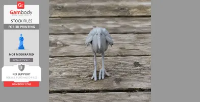 Gray 3D-printed model of an Abdim's stork standing on wooden planks.