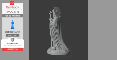 A 3D model of a robed figure holding a cross, with a halo and draped fabric, standing on a round base.